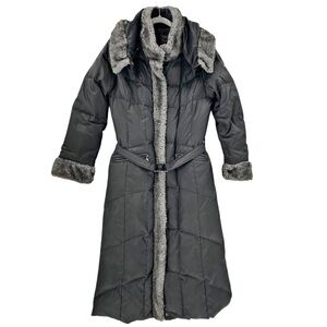 Hilary Radley New York Black Faux Fur Trim Long Down Puffer Coat Size Small